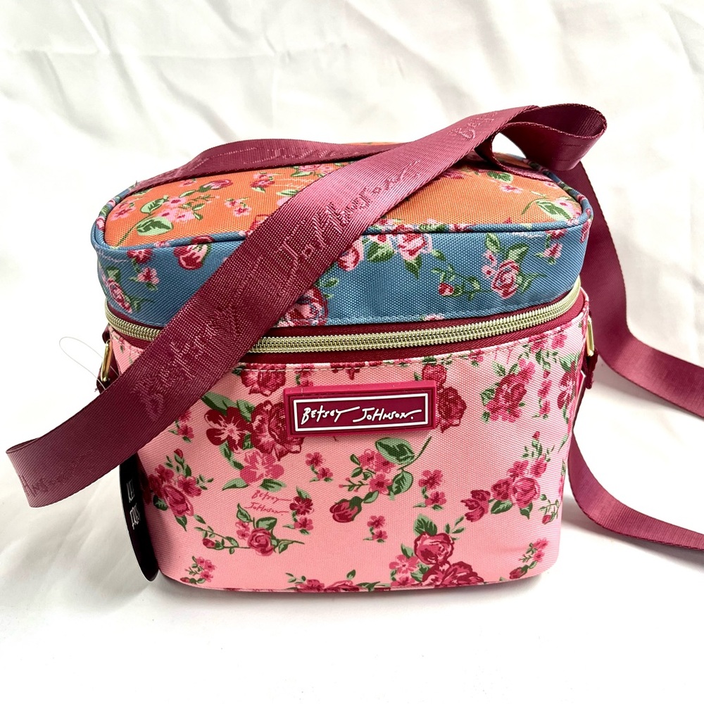 Betsey Johnson Pink and Blue Floral Crossbody Insulated Lunch Cooler Bag